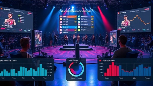 An e-sports tournament scene featuring top players competing in a high-stakes match, with data analytics overlays displaying player statistics, match predictions, and live updates, highlighting the platform's sophisticated predictive capabilities and insights for e-sports betting enthusiasts.