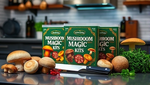 An enticing kitchen scene with Mushroom Magic Kits displayed on a sleek countertop, surrounded by freshly harvested exotic mushrooms in vibrant colors and textures, a chef's knife, and aromatic herbs, evoking the sensory experience and culinary potential of the product.