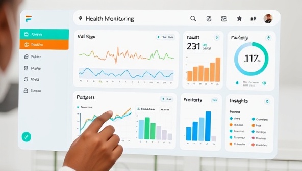 An interactive health monitoring dashboard displaying vital signs, medication reminders, and health insights for a patient managing their chronic condition remotely, symbolizing convenience and proactive healthcare management.