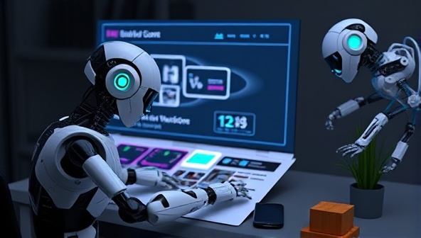 An AI-powered design bot collaborating with a human designer on a website layout, symbolizing the fusion of creativity and technology to deliver personalized and innovative web designs tailored to client preferences.