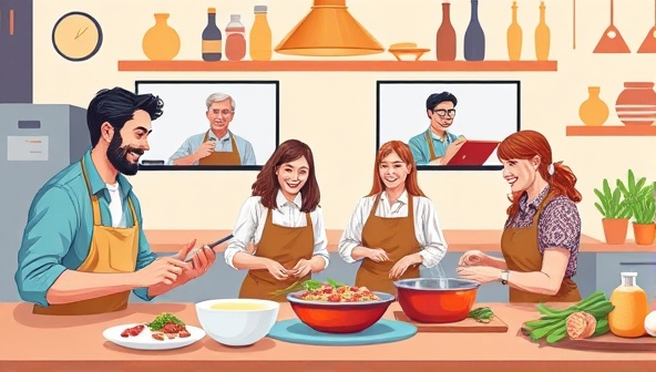 An interactive digital illustration depicting a virtual culinary team-building session with colleagues cooking together on video calls, sharing laughs and culinary tips, creating a vibrant and engaging virtual teamwork environment.
