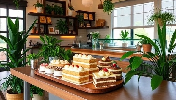 A charming plant-based patisserie and cafe showcasing an array of beautifully plated vegan pastries, cakes, and desserts made with ethically sourced ingredients, set against a backdrop of lush greenery and earthy tones, creating a serene and inviting oasis for eco-conscious customers at Green Bliss Bakery.