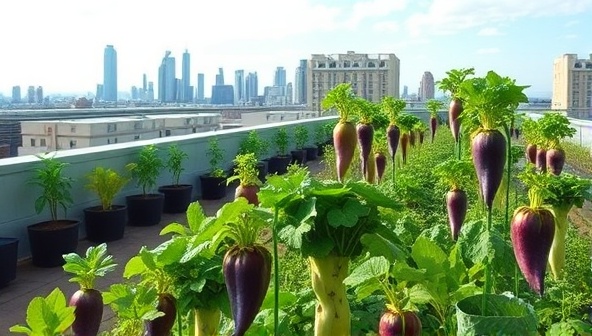 An urban rooftop adorned with flourishing vegetable plants in various stages of growth, surrounded by skyline views and cityscape, illustrating the concept of sustainable urban farming with a modern twist.