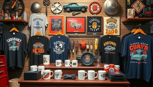An artistic display featuring a variety of custom automotive-themed merchandise such as apparel, mugs, and posters, creatively arranged in a boutique setting with vintage car parts and automotive memorabilia as background decor, capturing the essence of car culture and customization.