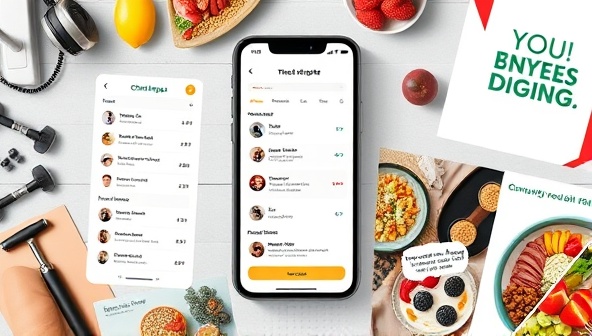 An interactive app interface mockup displaying fitness challenges, progress trackers, and community chat features, surrounded by images of workout equipment, healthy meals, and motivational quotes, capturing the engaging and supportive environment of FitTribe Challenges.