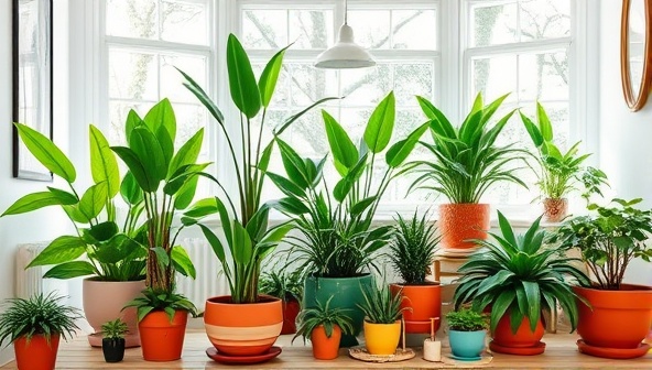 An artistic arrangement of lush green indoor plants in vibrant pots, surrounded by natural light and modern home decor elements, creating a serene and inviting indoor oasis that promotes the benefits of plant subscriptions.