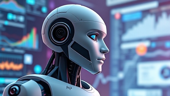 An AI-powered robot analyzing data streams and generating personalized marketing content for different target audiences, symbolizing the efficiency and customization of AI-powered marketing campaigns.