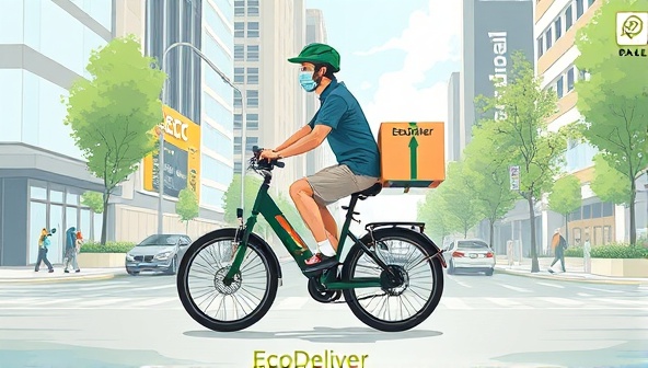 An illustration of an electric bike courier navigating through a bustling city street with a delivery box labeled EcoDeliver, surrounded by greenery and clean air, symbolizing the sustainability and efficiency of the service.