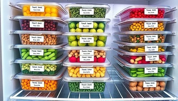 An appealing image of a colorful array of customized meal prep containers neatly arranged in a refrigerator, with labels indicating the client's name and dietary preferences, conveying convenience and personalization in meal planning.
