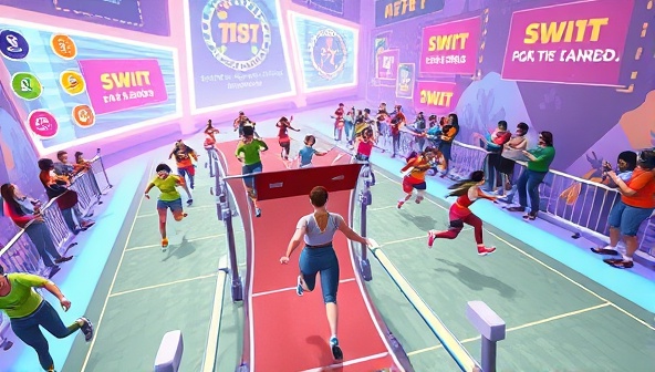 An animated depiction of users competing in a virtual obstacle course, with colorful avatars navigating fitness challenges, collecting rewards, and cheering each other on in a vibrant and dynamic virtual environment, showcasing the excitement and competitiveness of FitQuest.