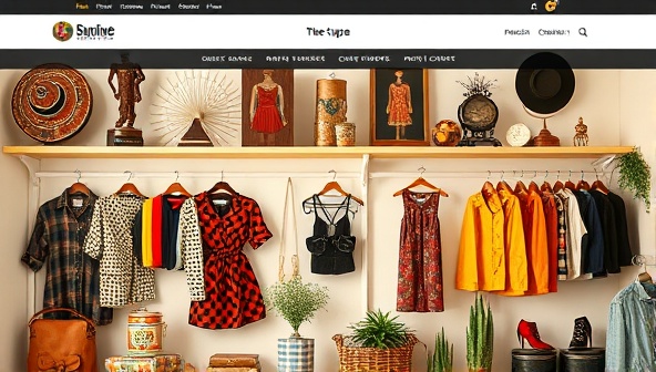 An eclectic and stylish online vintage boutique website interface featuring a mix of retro clothing items, bold accessories, and iconic fashion pieces displayed in a visually appealing and nostalgic setting, evoking a sense of vintage charm and individual expression.