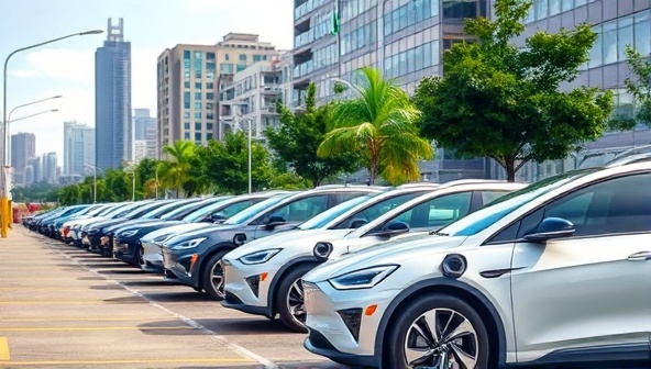 An urban landscape with a row of sleek electric vehicles parked at charging stations, showcasing the convenience and eco-friendly nature of the ChargeUp Connect network.