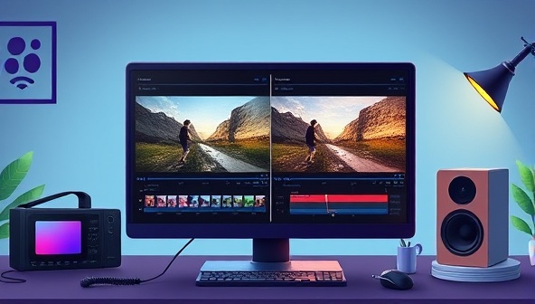 An illustration of a computer screen displaying a side-by-side comparison of raw footage and AI-edited video with seamless transitions and enhanced visual effects, surrounded by video editing tools and creative elements, showcasing the transformative power of AI in video editing.