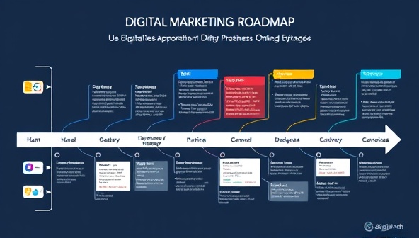 A visually appealing infographic depicting a digital marketing roadmap with various channels, strategies, and milestones, illustrating the comprehensive and strategic approach offered by DigitalPath to businesses seeking online marketing guidance.