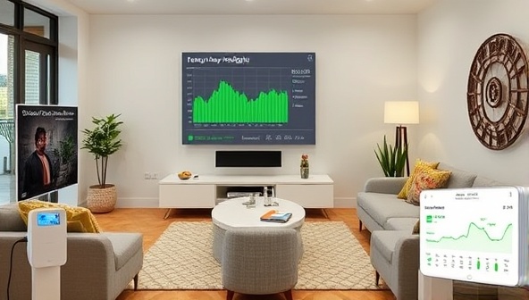 A modern living room equipped with smart energy monitoring devices displaying real-time electricity usage data on a sleek digital dashboard, with green energy-saving tips popping up on the screen, showcasing the convenience and effectiveness of WattWatch Insights in optimizing energy efficiency at home.