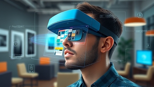 An artistic representation of a designer wearing AR glasses, visualizing a website layout overlaid on a physical space, with digital elements seamlessly integrated into the environment, showcasing the immersive and interactive nature of AR WebVision's design consultations.