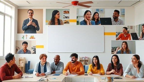 A virtual language and culture workshop setting with diverse participants engaging in language practice, cultural activities, and virtual tours led by native speakers and cultural experts, creating a dynamic and immersive learning environment that fosters global connections and cultural understanding.