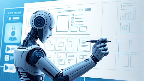 An artistic representation of a futuristic AI robot sketching digital wireframes on a virtual canvas, symbolizing creativity and efficiency in website design.