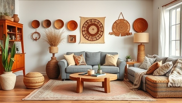 An inviting and cozy living room setup featuring artisanal home decor items like handcrafted ceramics, woven textiles, and unique furniture pieces, creating a harmonious and stylish space.