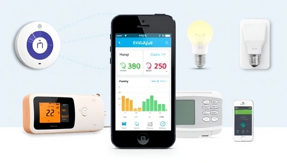 An illustrative representation of a smartphone displaying the EnerGauge app interface, with colorful graphs and energy consumption data, surrounded by various smart home devices like thermostats and light bulbs, illustrating control and efficiency.