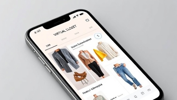 A sleek and modern smartphone screen displaying a virtual closet interface with AI-generated outfit suggestions, showcasing stylish clothing combinations and color palettes, appealing to fashion-forward individuals.