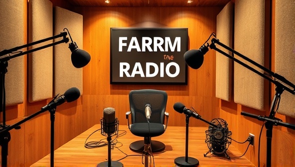 An artistic depiction of a podcast studio setup with microphones, soundproofing panels, and recording equipment, capturing the essence of audio storytelling and agricultural themes, inviting listeners into the world of FarmTalk Radio.