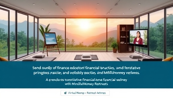 An uplifting visual of a virtual retreat space with serene nature backgrounds, meditation areas, and interactive financial workshops, showcasing a harmonious blend of finance education and mindfulness practices in a digital environment, inviting viewers to embark on a transformative financial wellness journey with MindfulMoney Retreats.