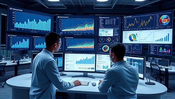 An analytical virtual workspace with data analysts examining graphs, charts, and reports on telecommunication trends, surrounded by screens displaying data visualization tools and communication dashboards, illustrating the service's focus on data-driven decision-making and insights.