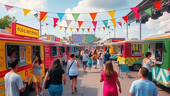 A vibrant virtual food truck festival scene with colorful food trucks lined up, virtual attendees engaging with vendors, and a stage showcasing live performances, creating a lively and captivating virtual experience.