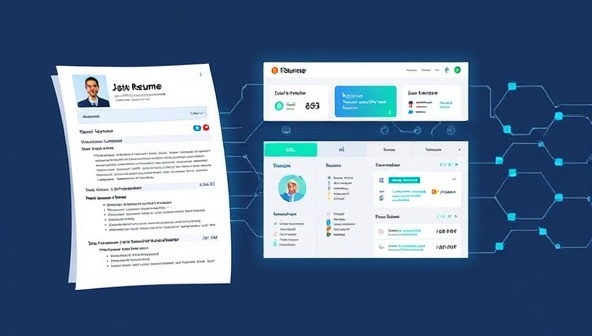 An illustration of a resume transforming into a digital AI-powered dashboard, analyzing keywords and formatting to optimize the content for increased visibility, showcasing the innovative resume enhancement process of AIResumeBoost.