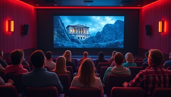 An online movie theater setting with virtual avatars of users watching a film together, chatting in real-time, and sharing reactions, capturing the essence of a communal movie night experience in a digital environment.