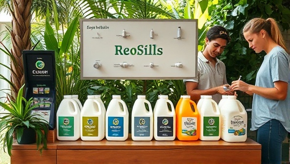 A refill station setup with various eco-friendly laundry detergent options in reusable containers, surrounded by lush greenery and eco-conscious customers filling their detergent bottles, symbolizing sustainable living and zero-waste solutions through EcoSuds Refills, creating an inviting and eco-friendly atmosphere.