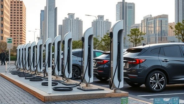 An urban landscape featuring a row of sleek EV charging stations with different vehicles plugged in, showcasing a sustainable and tech-forward transportation solution in a bustling city environment.
