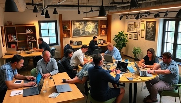 A dynamic coworking space environment with diverse professionals working on laptops, collaborating at shared tables, and networking during a casual meetup, showcasing a vibrant and inclusive workspace for digital nomads and remote workers, fostering creativity, productivity, and community spirit.