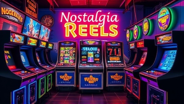 A visually striking arcade setting with retro slot machines adorned with neon lights and vintage gaming artwork, surrounded by arcade cabinets and nostalgic memorabilia, evoking a sense of nostalgia and excitement at Nostalgia Reels.