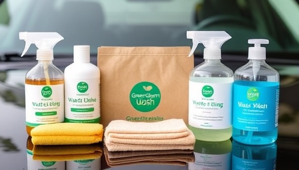 An eco-friendly car wash kit featuring biodegradable cleaning products, reusable microfiber cloths, and waterless washing solutions, highlighting the sustainability and convenience of GreenGleam Wash's subscription service.