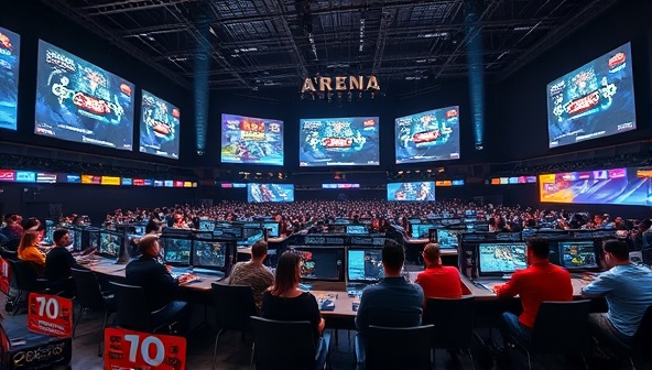 An eSports arena setup with large screens displaying live gaming events, enthusiastic spectators watching matches, and interactive betting stations for customers to place wagers on their favorite eSports teams and players, capturing the excitement and energy of eBet Arena.