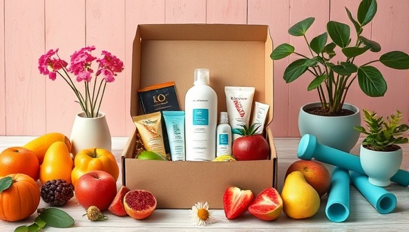 An enticing image of a beautifully designed subscription box filled with vibrant health and wellness products, surrounded by fresh fruits, exercise equipment, and potted plants, evoking feelings of vitality and self-care.