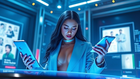 An artistic rendering of a virtual influencer in a high-fashion setting, interacting with digital products and engaging with followers online, showcasing the futuristic and captivating nature of influencer marketing with Virtufluence.