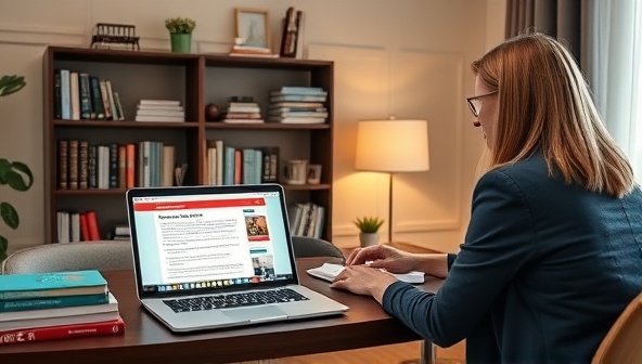 A professional home office setup with career books, a laptop displaying career resources, and a mentor guiding a client through a virtual career coaching session, symbolizing the supportive and empowering career guidance provided by CareerBoost Mentor's virtual coaching platform.