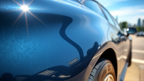 A sleek, shiny car exterior reflecting a vibrant cityscape under the sun, showcasing the results of a professional car detailing service.