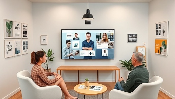 A virtual consultation room with brand consultants engaging with a client through a video call, presenting branding concepts on a digital screen, surrounded by brand mood boards and industry trend reports, symbolizing expertise and collaboration in brand consultancy.