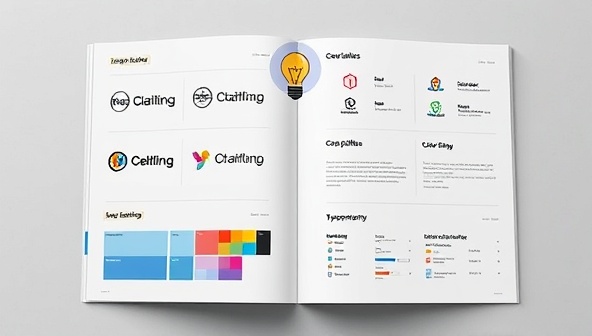 A sleek and modern brand identity guide showcasing logo variations, color palettes, and typography choices, symbolizing the consultancy's ability to craft cohesive and visually appealing brand identities for startups, overlaid with a lightbulb icon representing creativity and innovation.