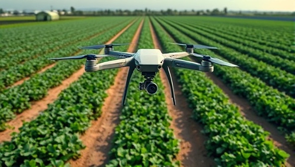 An aerial view of a modern farm with rows of crops, showcasing a drone equipped with sensors flying overhead to monitor crop health and irrigation patterns, reflecting the precision and efficiency of SkySowers' agricultural drone rental service.