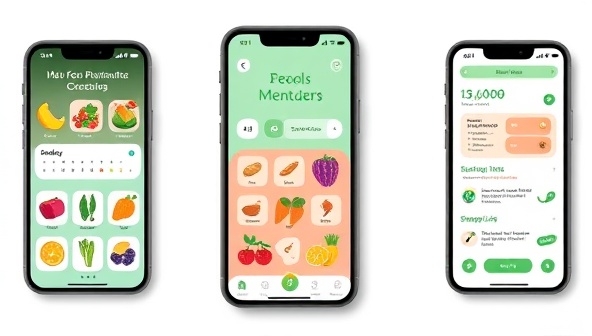 An engaging mobile app interface showcasing colorful food icons, meal planning calendars, shopping lists, and sustainability tips, illustrating a user-friendly and interactive platform for reducing food waste and promoting mindful consumption.