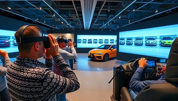 An immersive AR/VR showroom setup featuring customers wearing headsets and exploring virtual car models, interacting with digital interfaces, and experiencing realistic test drives in simulated environments, showcasing the cutting-edge technology and interactive nature of AutoSphere Showcase.