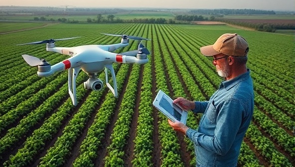 An aerial view captured by a drone showing lush green farmlands with precision crop rows and a farmer analyzing drone data on a tablet, illustrating the advanced technology and efficiency of agricultural drone services offered by SkyFarm Solutions.