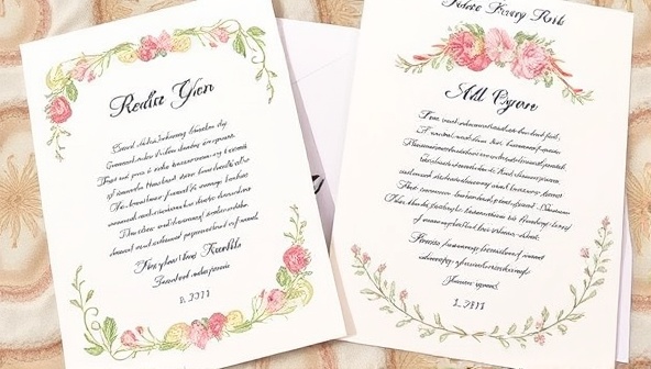 An elegant stationery set featuring a custom poem written in calligraphy, adorned with floral illustrations and personalized details, evoking a sense of sentimentality and artistic elegance.