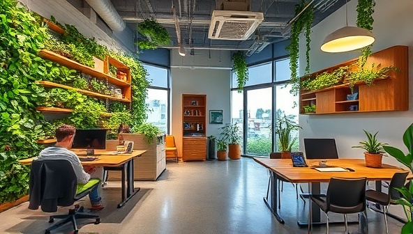A modern office space featuring eco-friendly design elements like plant walls, recycled furniture, and energy-efficient lighting, creating a sustainable and inspiring workspace that reflects GreenWave Strategy's mission and values.