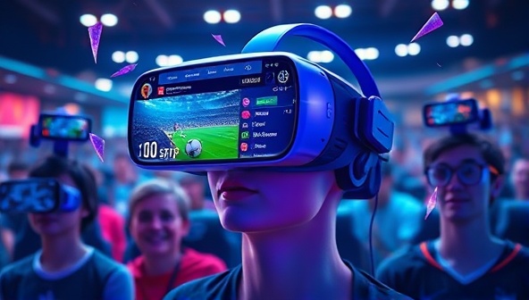 A futuristic virtual reality headset displaying a dynamic sports game environment with digital betting options floating in the air, surrounded by a group of excited virtual avatars, capturing the essence of immersive online gambling.